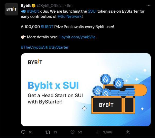 🖼 Bybit x Sui Network ByBit запускает токен-сейл $SUI уже 18 апреля! Сейл пройдет на ByStarter — ccылк...