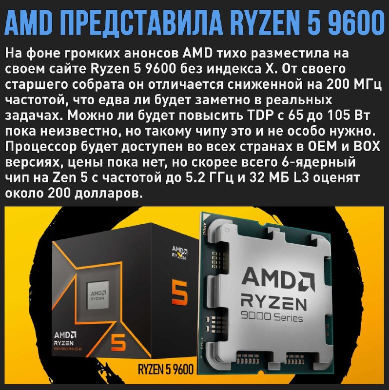 🖼 AMD тихо выпустила Ryzen 5 9600 для тех, кому нужен быстрый 6-ядерник с интегряшкой. Жде...